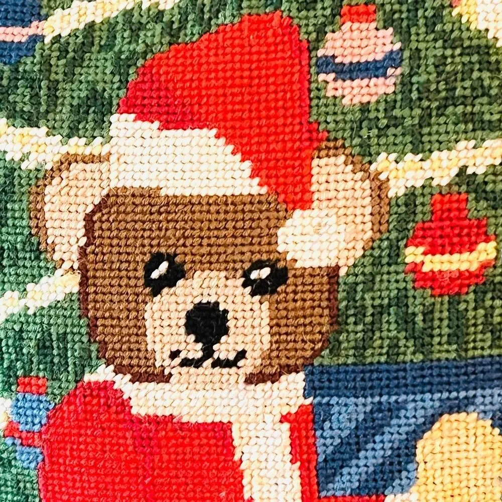 NEW Vintage Needlepoint Velvet Christmas Santa Bear Pillow BM JABARA 1779-19
